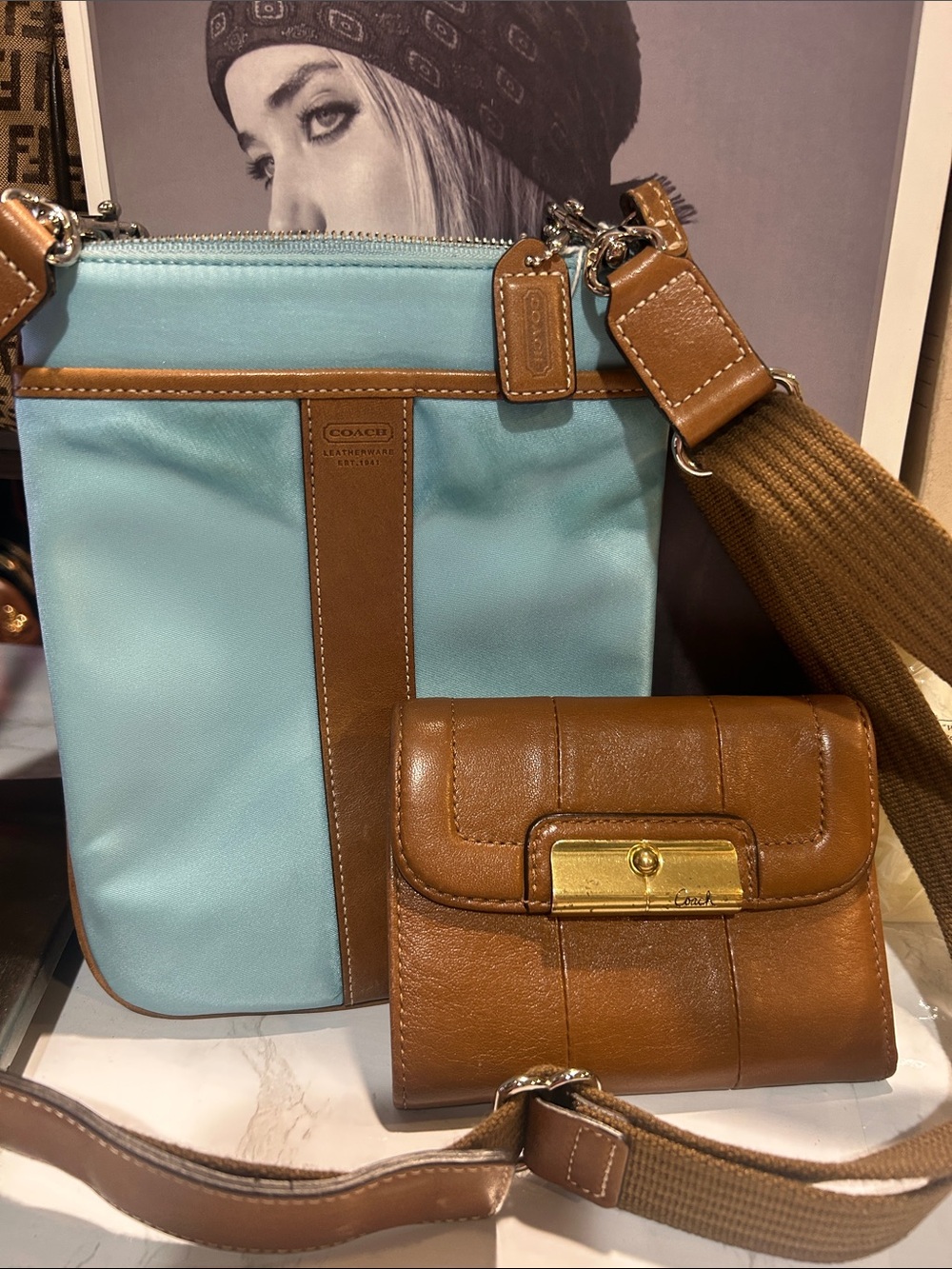 Coach Light Blue and Brown Leather-Trim Crossbody with Matching Wallet - Picture 2 of 13